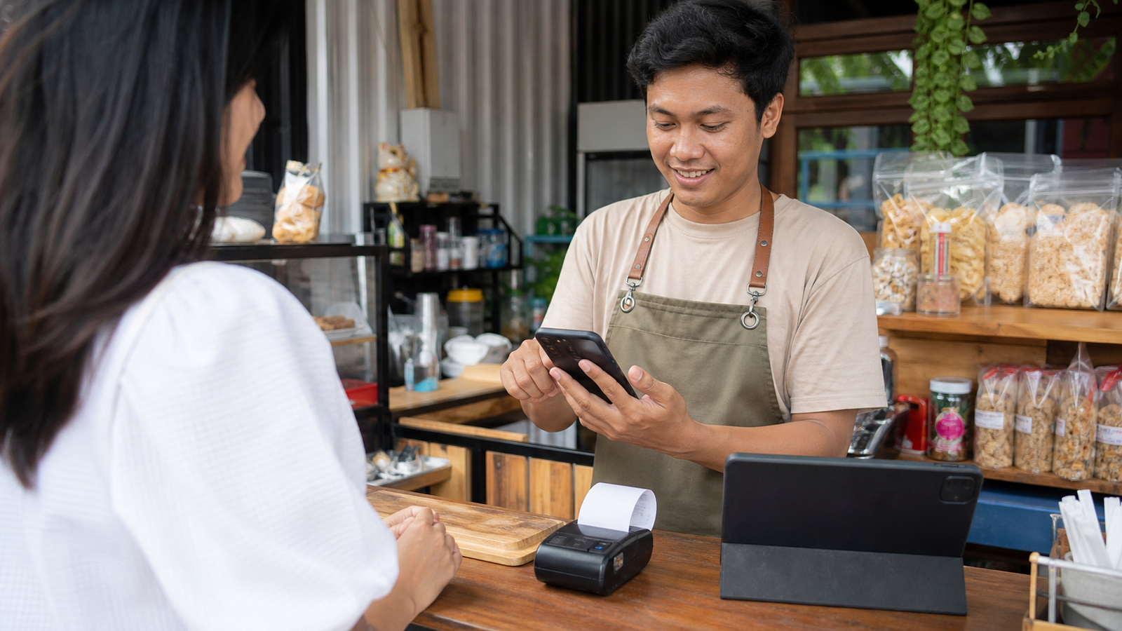 Pemilik usaha melayani transaksi dengan aplikasi kasir Android di HP dan printer Bluetooth