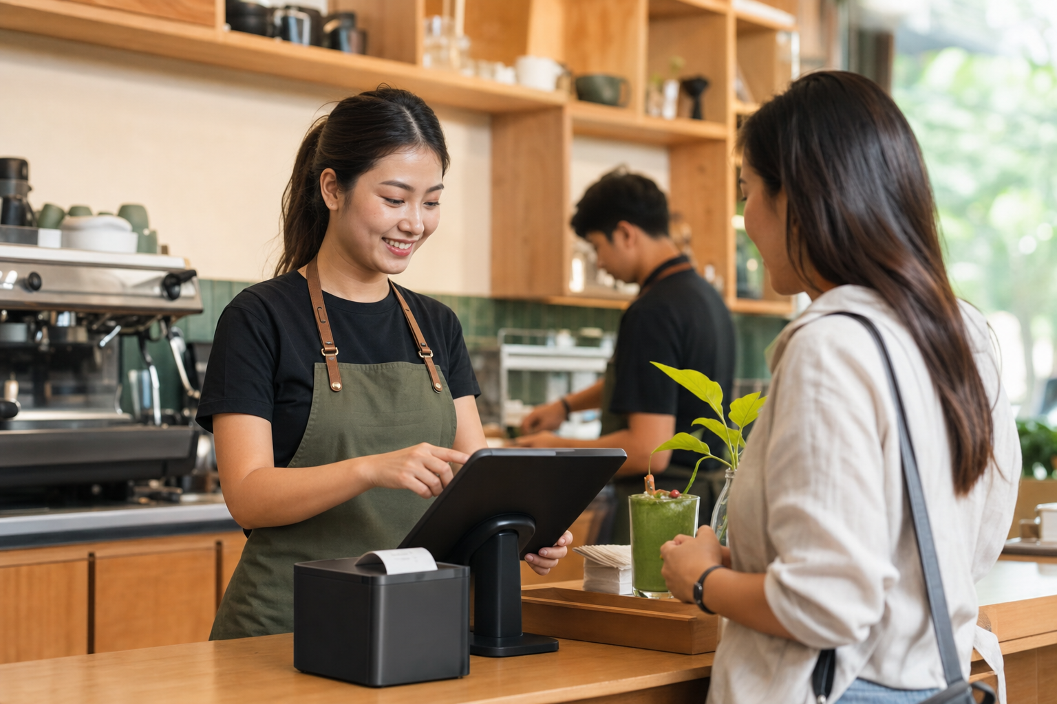 Barista memproses pesanan pelanggan dengan aplikasi kasir cafe