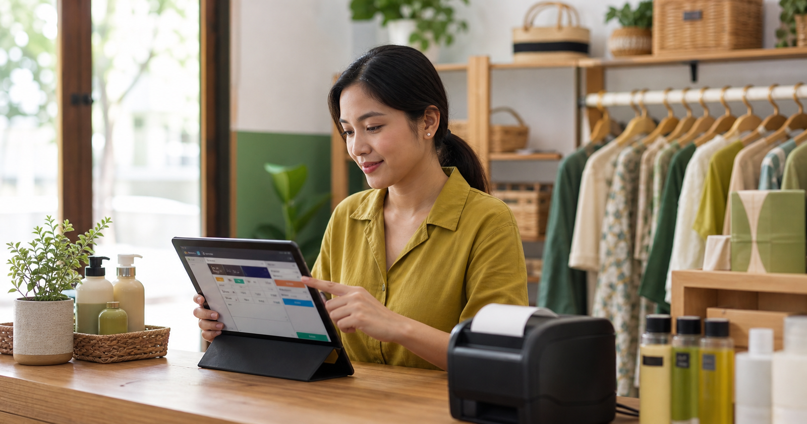 Pemilik UMKM mencoba aplikasi kasir gratis pada tablet di toko