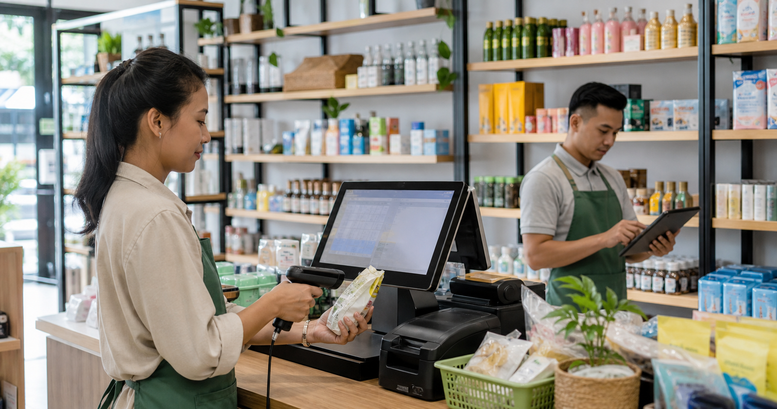 Kasir toko retail memindai produk sementara owner memeriksa stok melalui tablet