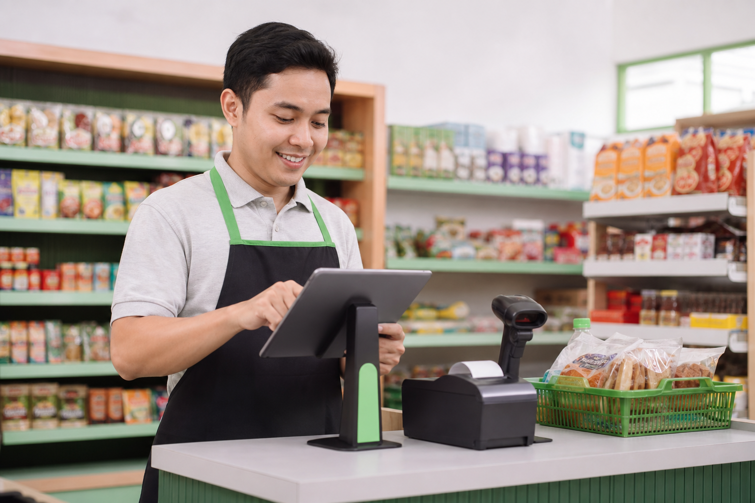 Pemilik toko retail menggunakan aplikasi kasir untuk memproses transaksi
