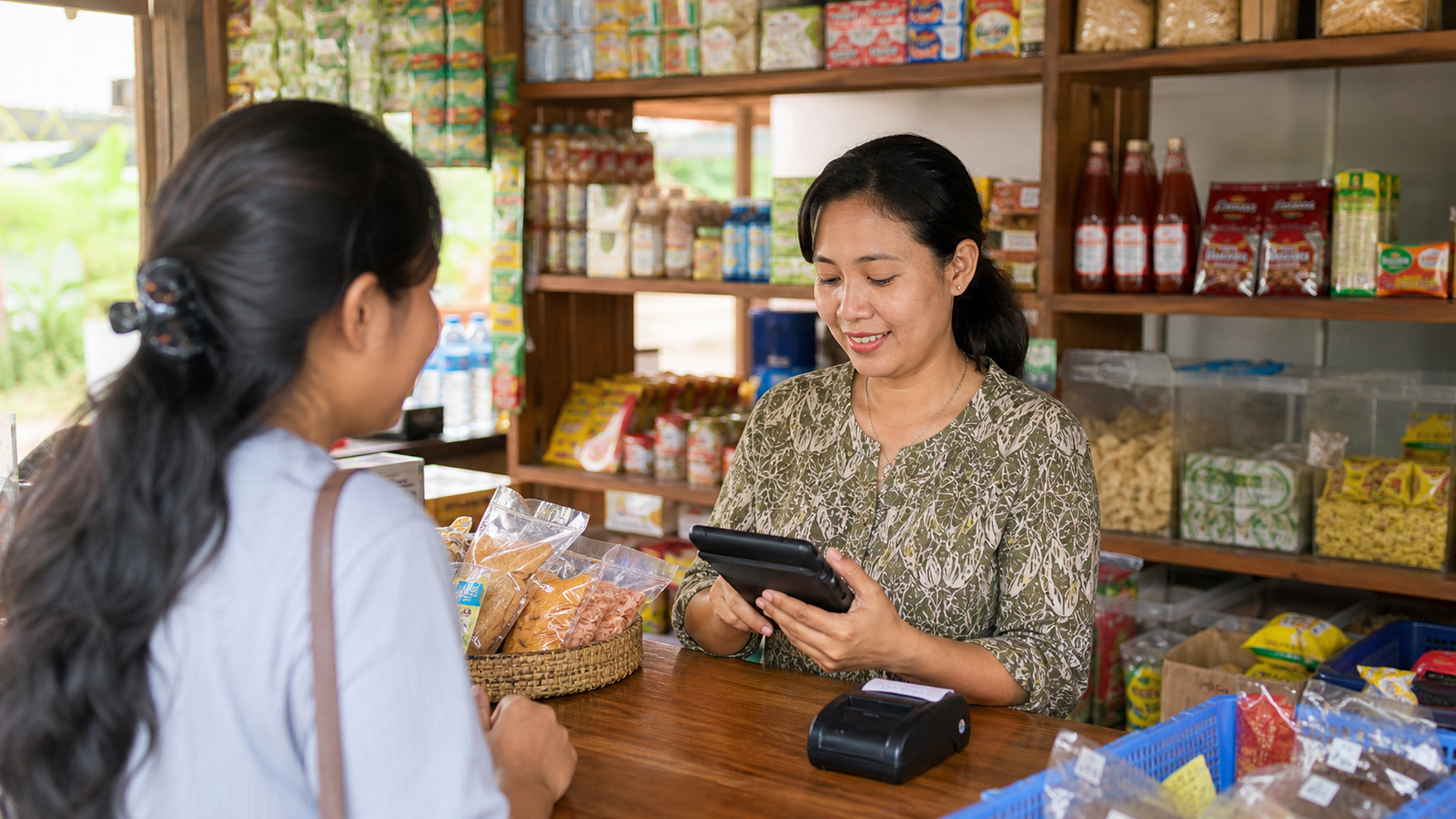 Pemilik warung melayani pelanggan menggunakan aplikasi kasir pada tablet