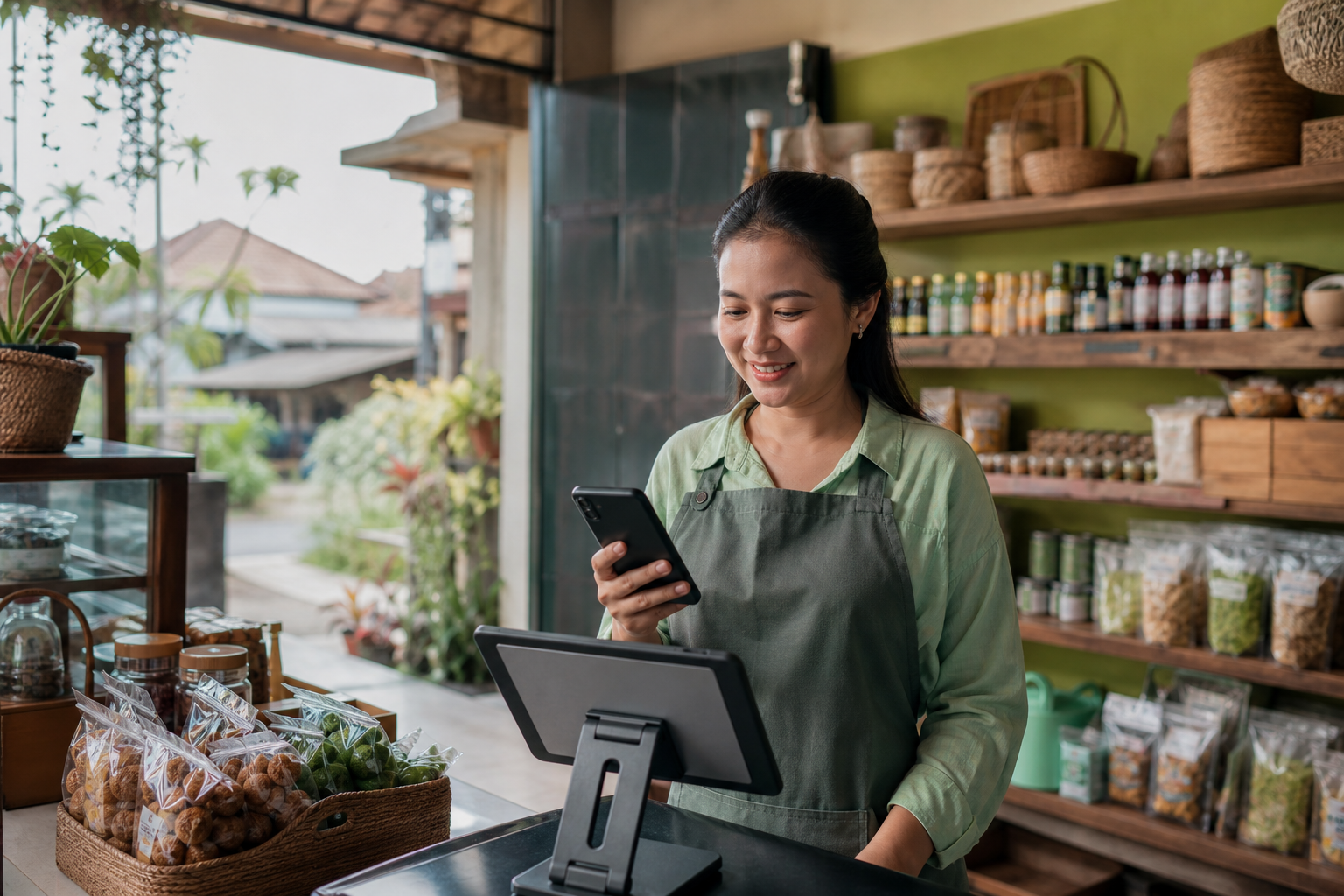 Pemilik UMKM menggunakan aplikasi kasir online di tokonya