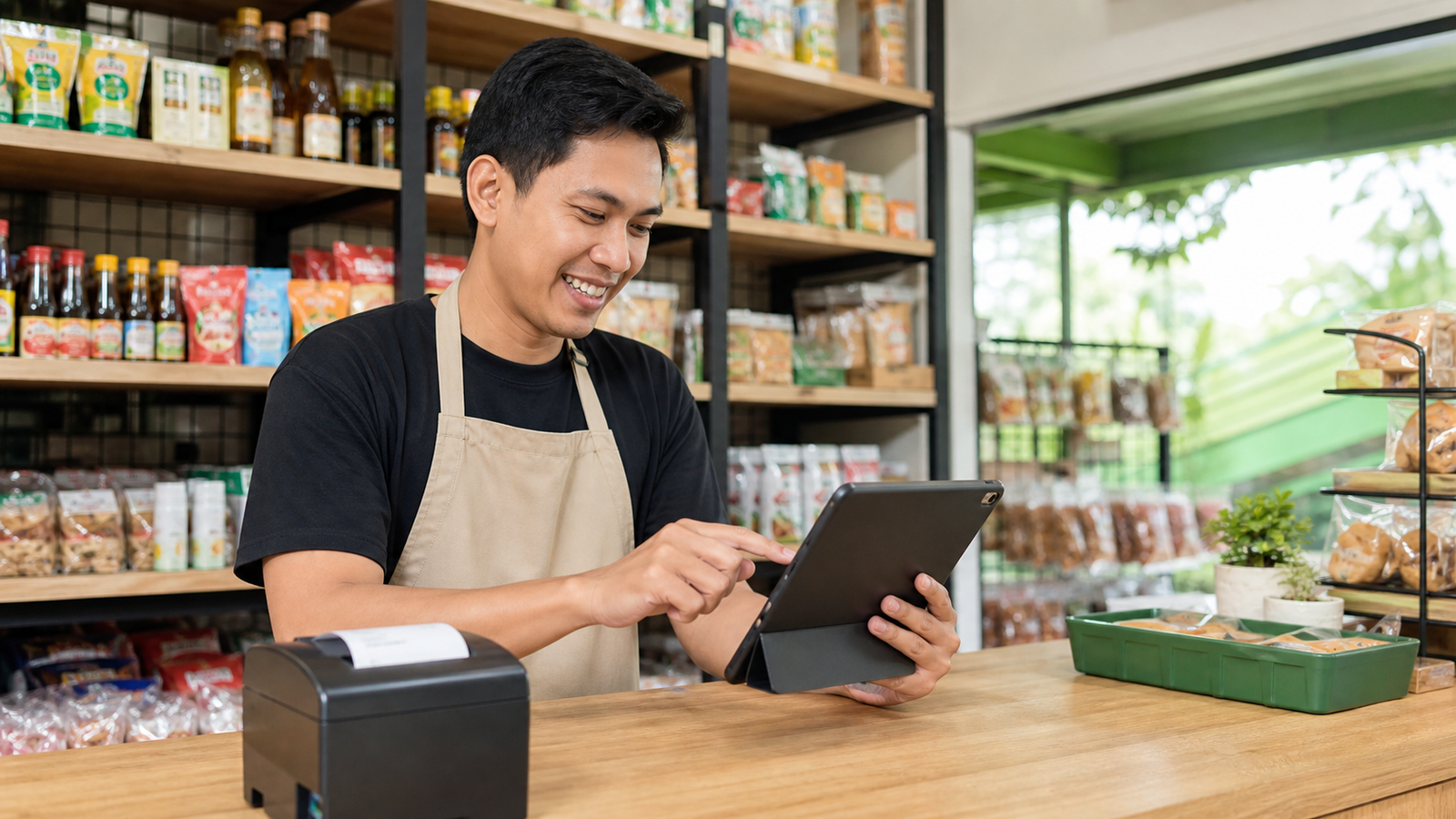 Pemilik UMKM menggunakan kasir app pada tablet di meja pembayaran