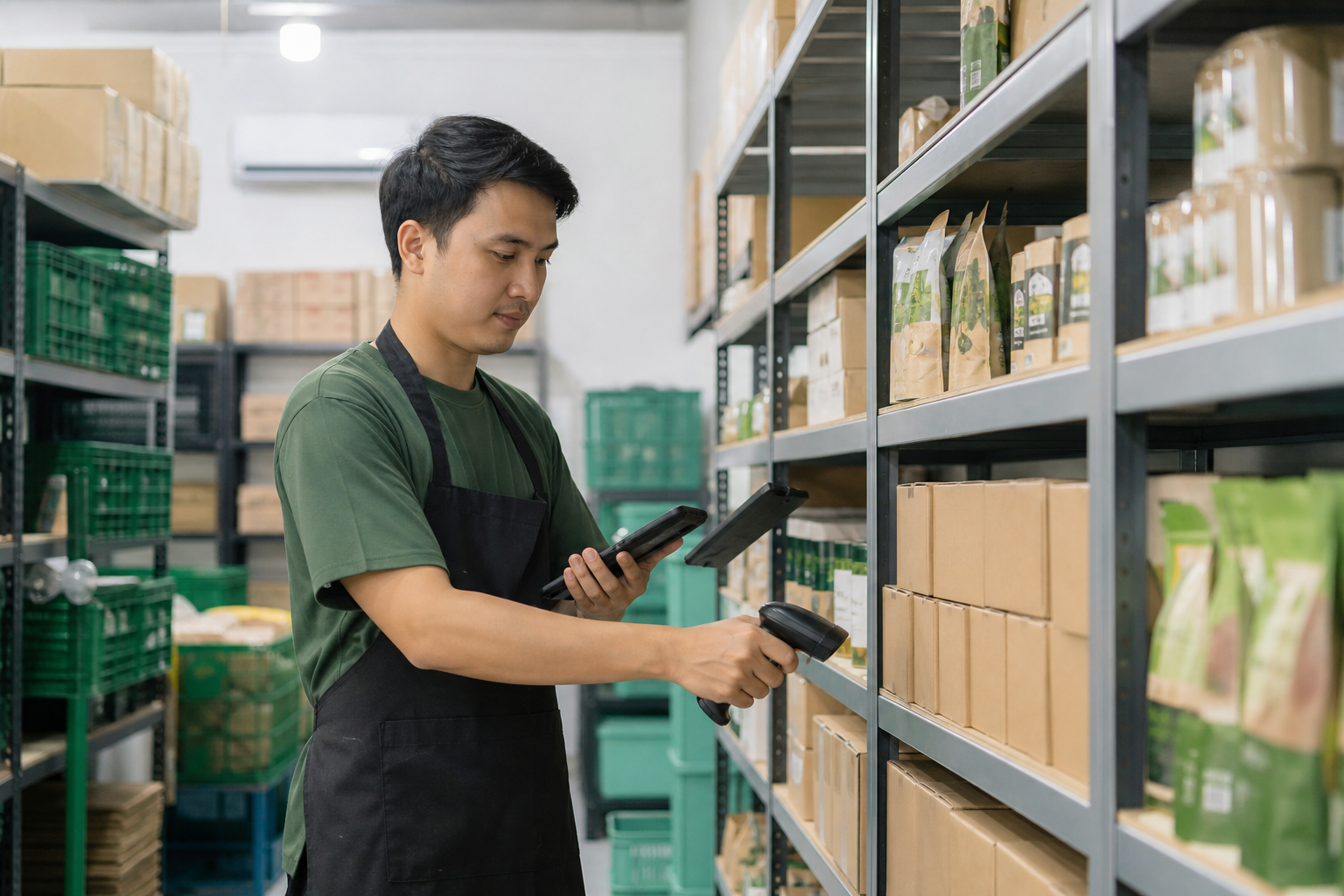 Petugas gudang memeriksa stok barang dengan sistem inventori digital