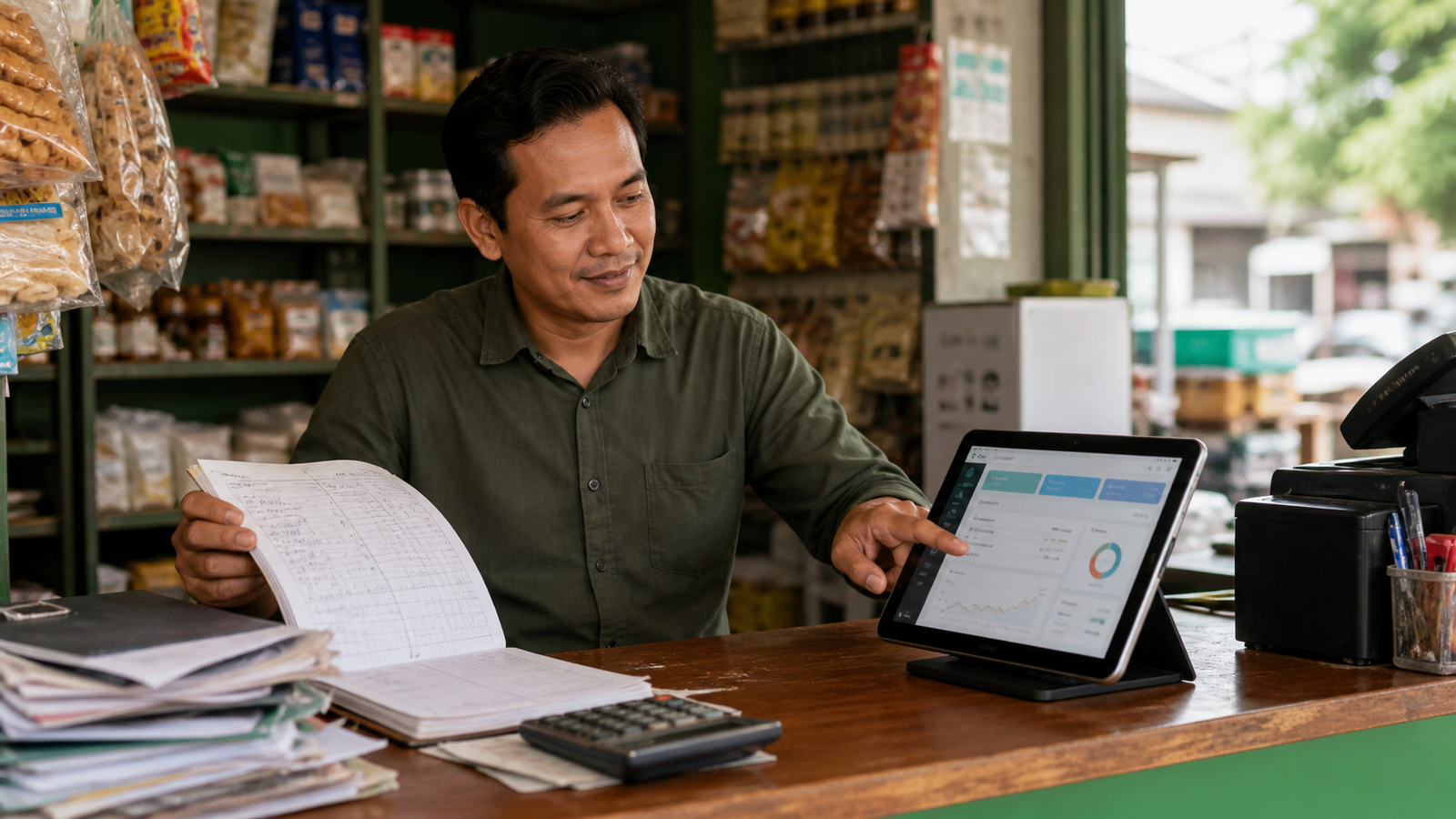 Pemilik usaha membandingkan catatan manual dengan laporan aplikasi kasir pada tablet